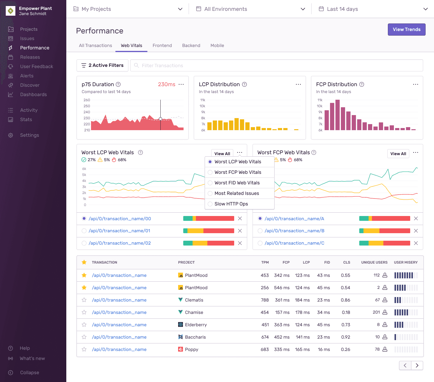 Performance homepage with Web Vitals tab selected.